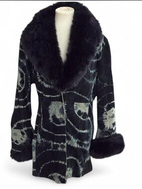 Wilsons Leather Blue/Green Tie-Dye Suede Penny Lane Style Coat w Faux Fur Trim